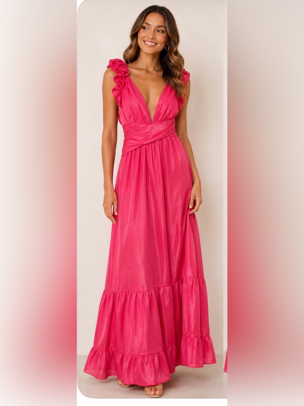 Petal + Pup Size L Pink Ruffle Strap Plunge Maxi Dress wedding guest
